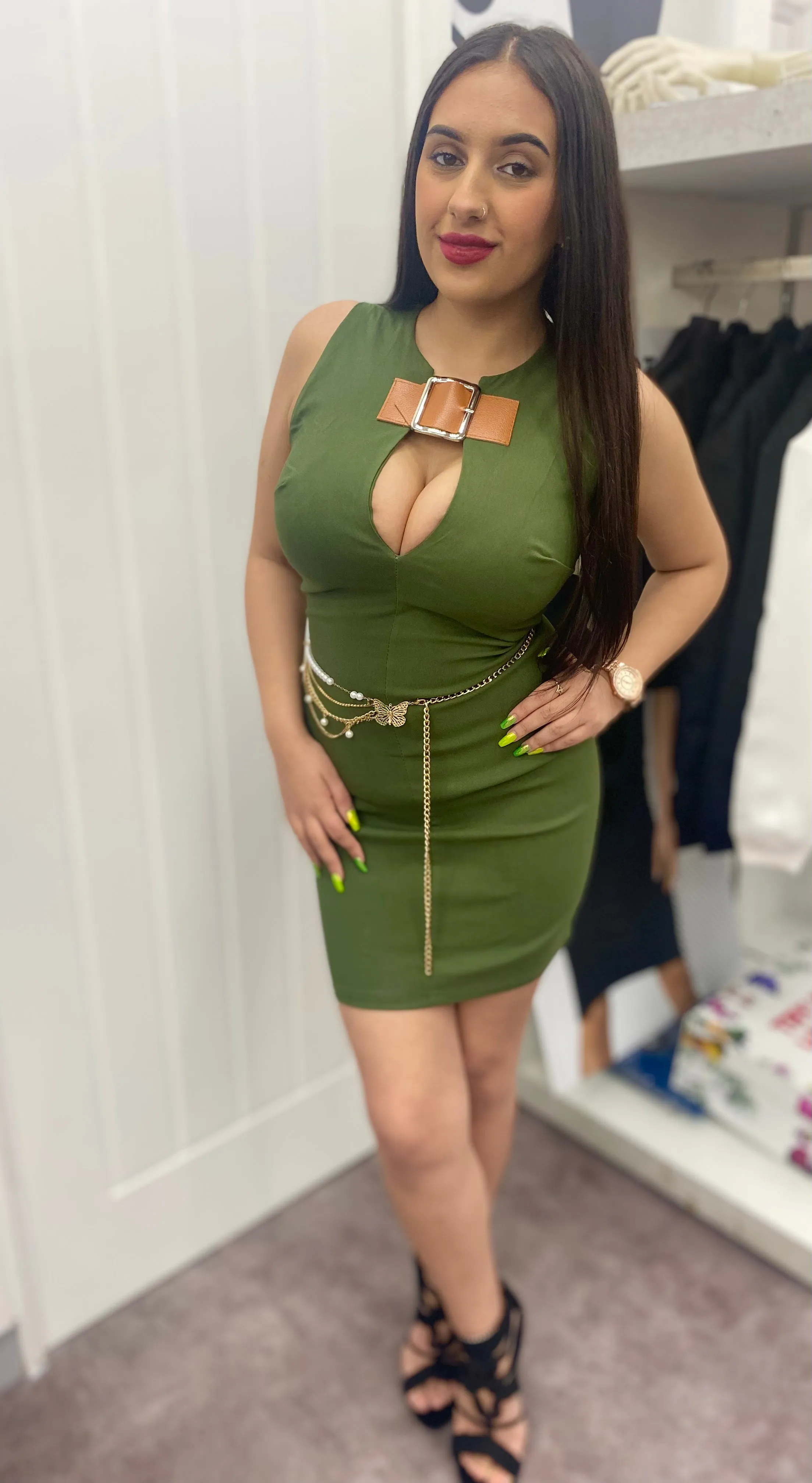 LOLA KHAKI BELT CUT OUT SLEEVELESS MINI DRESS