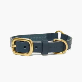Luxury Dark Blue Leather Dog Collar with Center Ring, Handmade in the UK