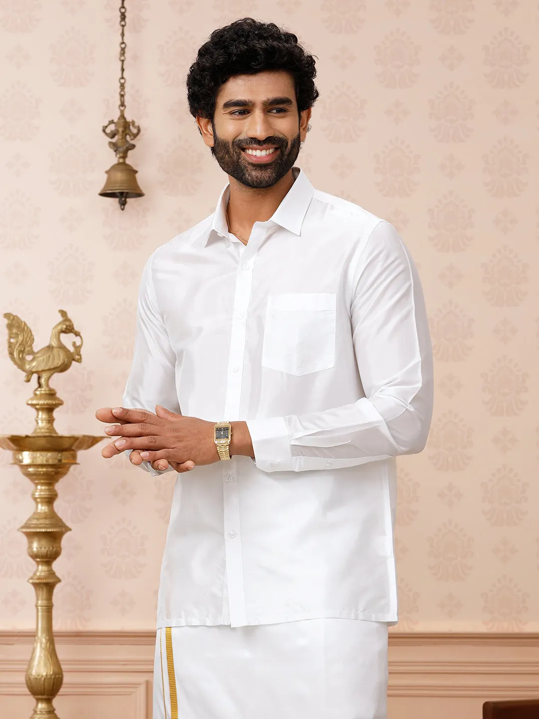 Men Pure Silk White Shirt Full Sleeves Silk Mark