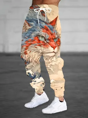 Men's Casual Athletic Joggers with Unique Cat Print - Comfortable Polyester, Machine Washable, Pockets Included