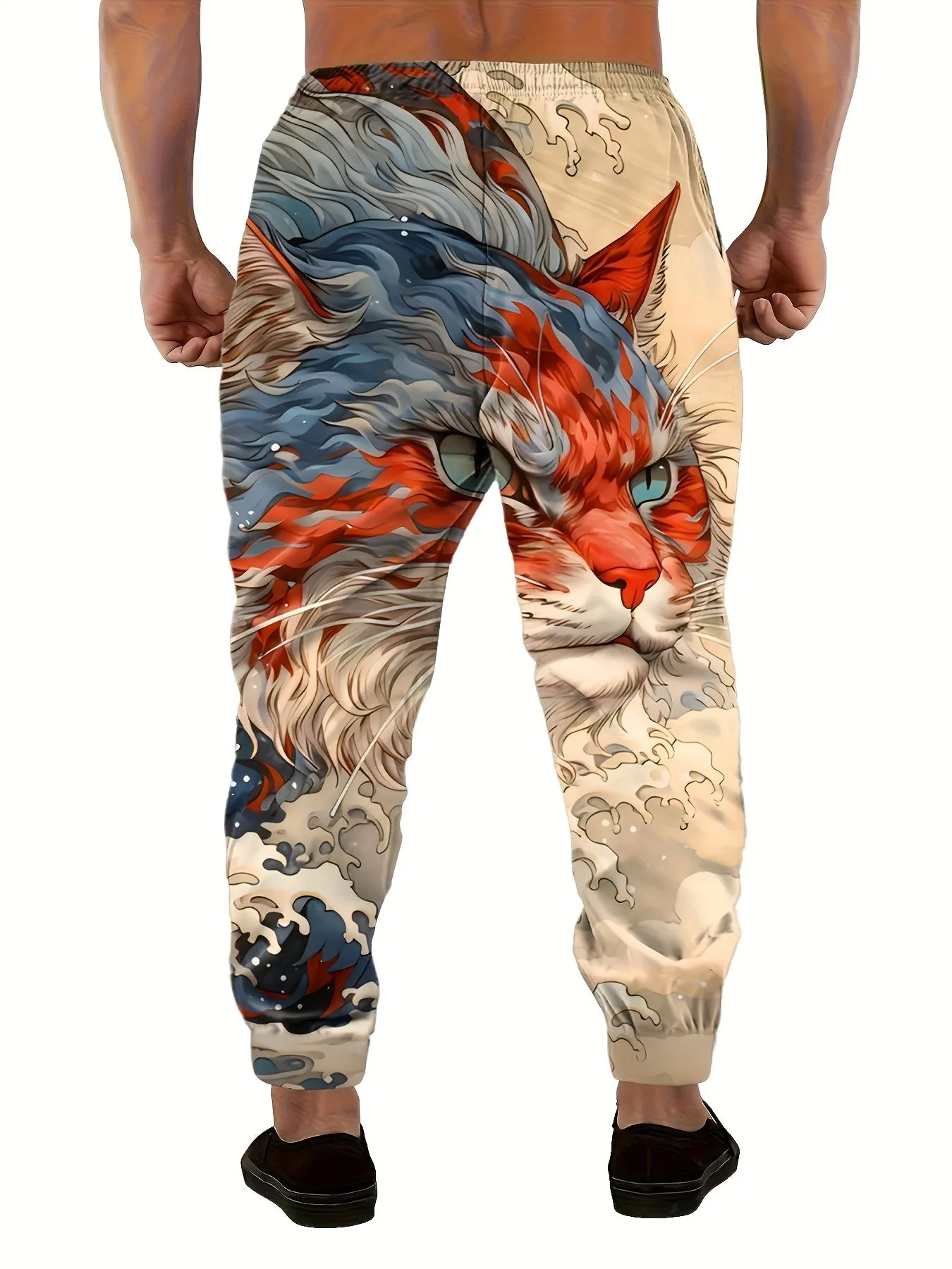 Men's Casual Athletic Joggers with Unique Cat Print - Comfortable Polyester, Machine Washable, Pockets Included