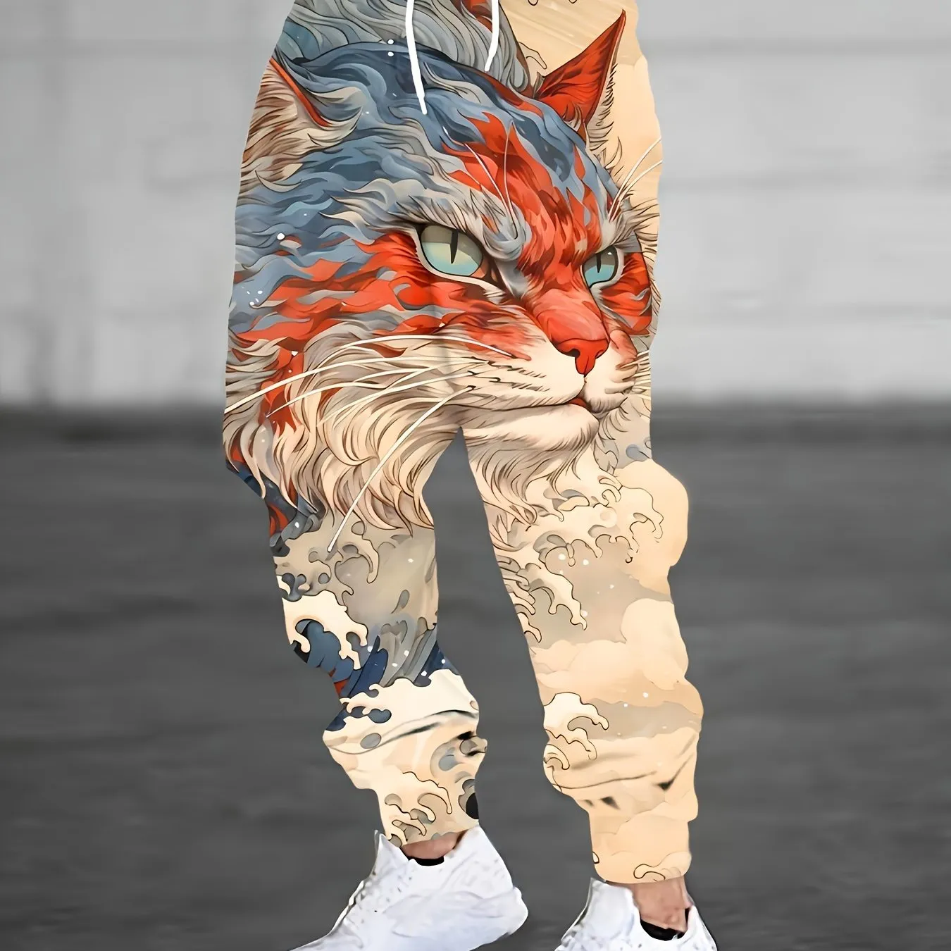 Men's Casual Athletic Joggers with Unique Cat Print - Comfortable Polyester, Machine Washable, Pockets Included