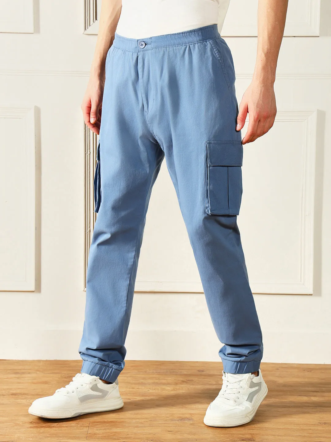 Men's Steel Blue Solid Casual Trouser
