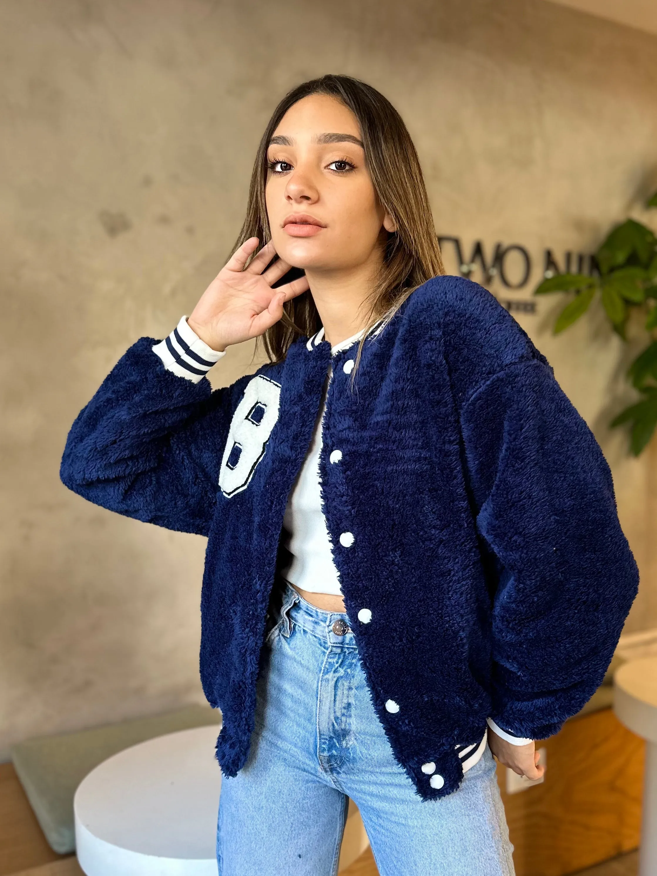 Navy Teddy Varsity Jacket
