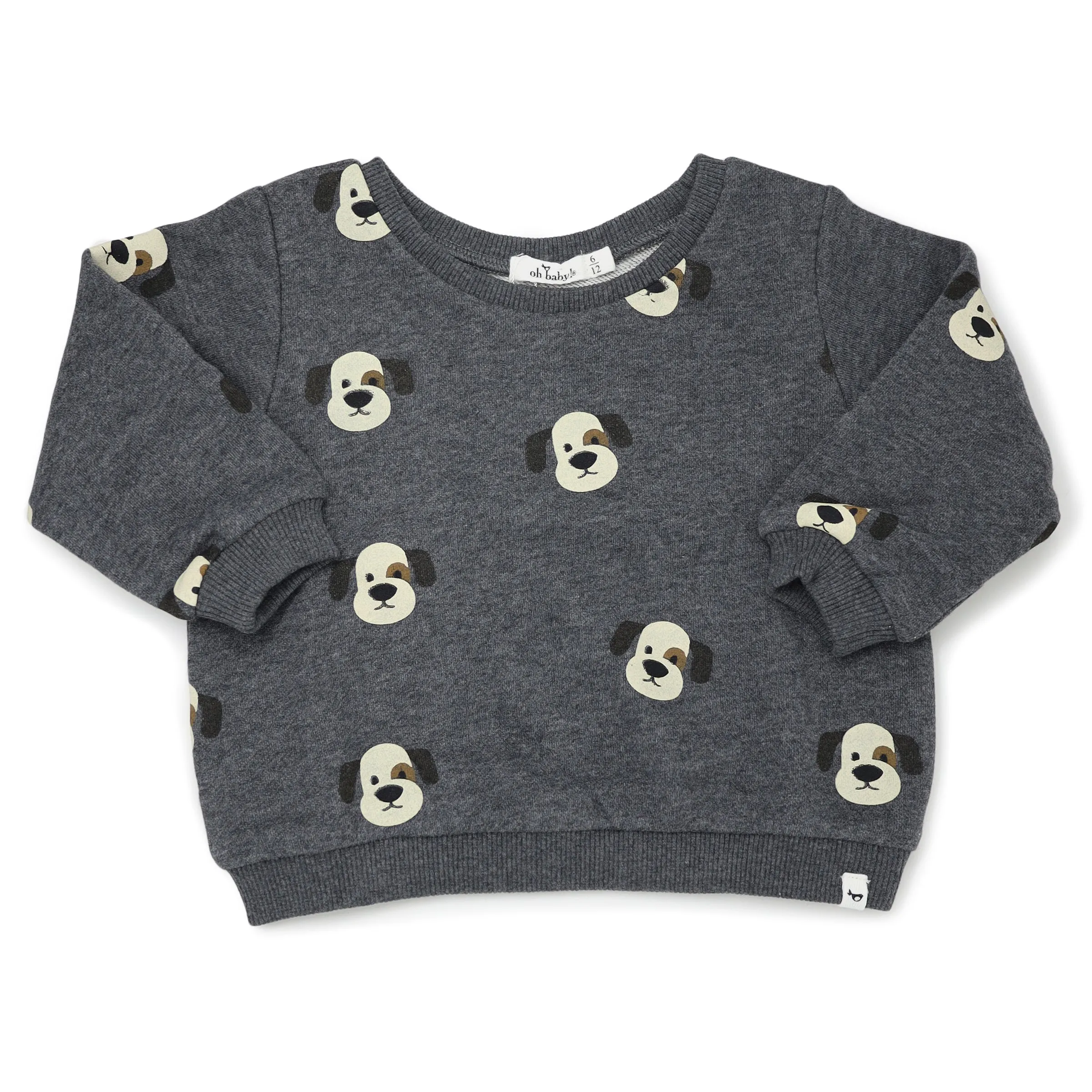 oh baby! Brooklyn Boxy Sweatshirt - Puppy Faces Print - Charcoal Pepper