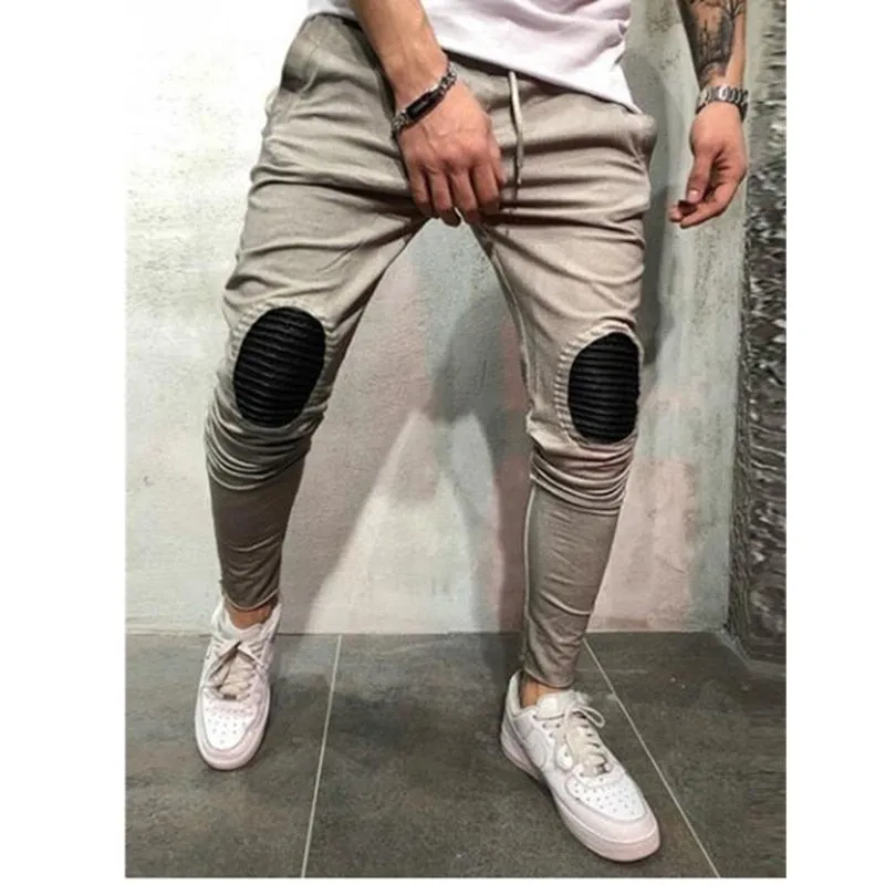 Oval Patched Knee Streetwear Men Drawstring Pants