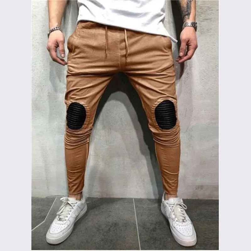 Oval Patched Knee Streetwear Men Drawstring Pants
