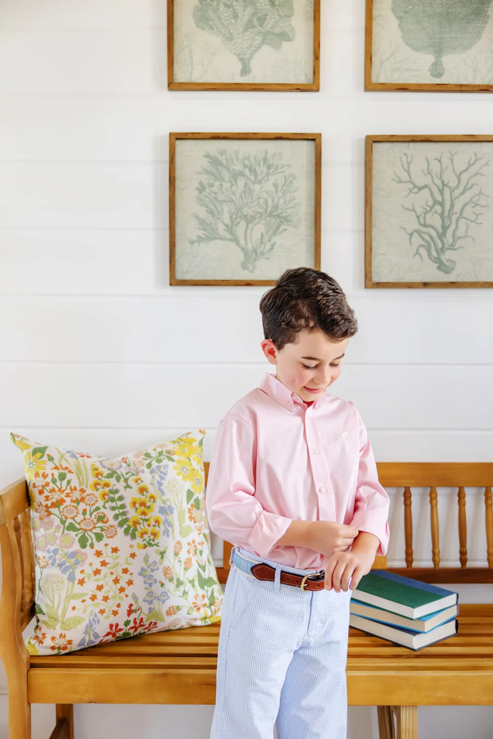 Prep School Pants - Breakers Blue Seersucker with Breakers Blue Stork