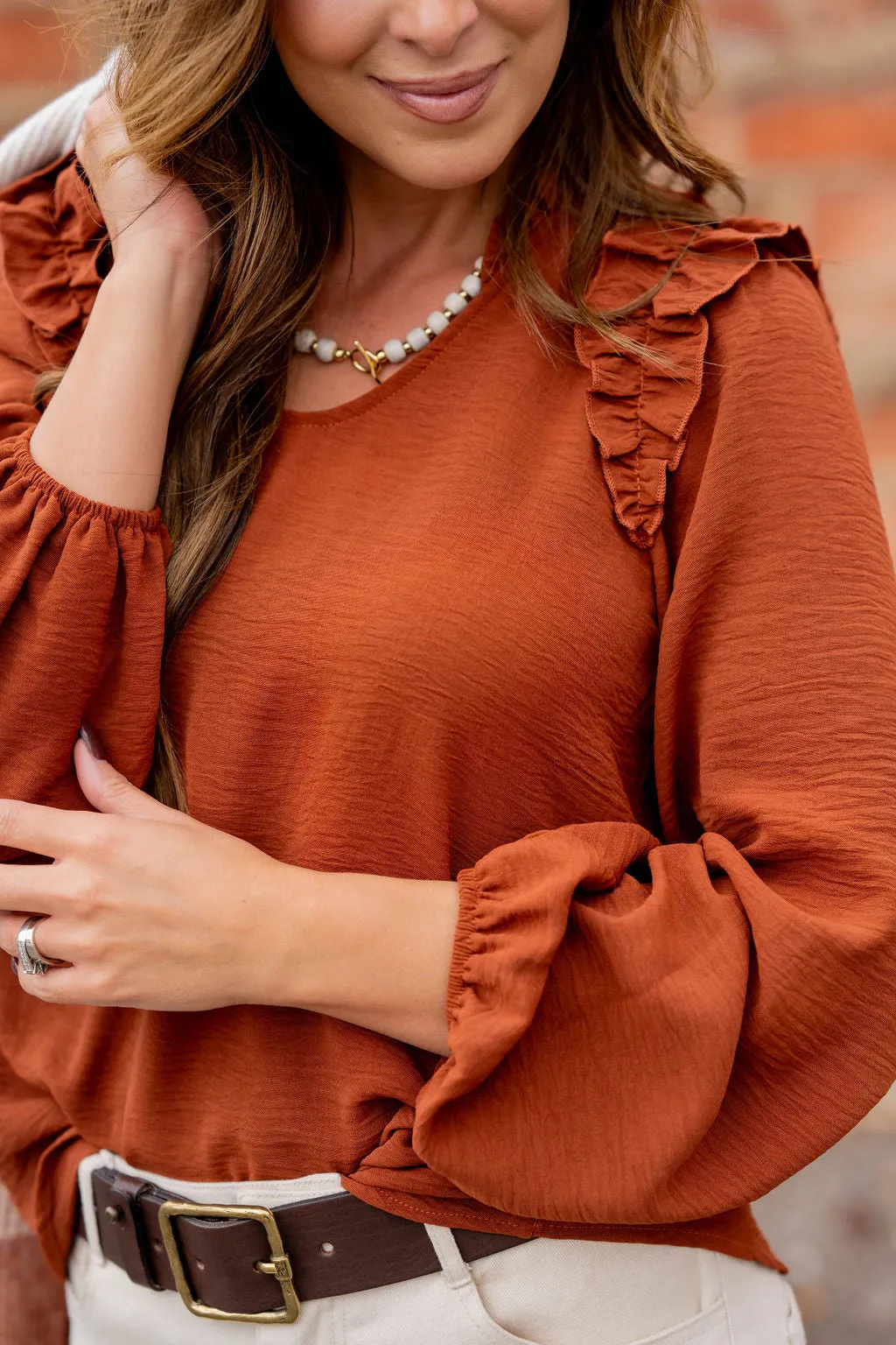 Ruched Ruffle Trim Blouse