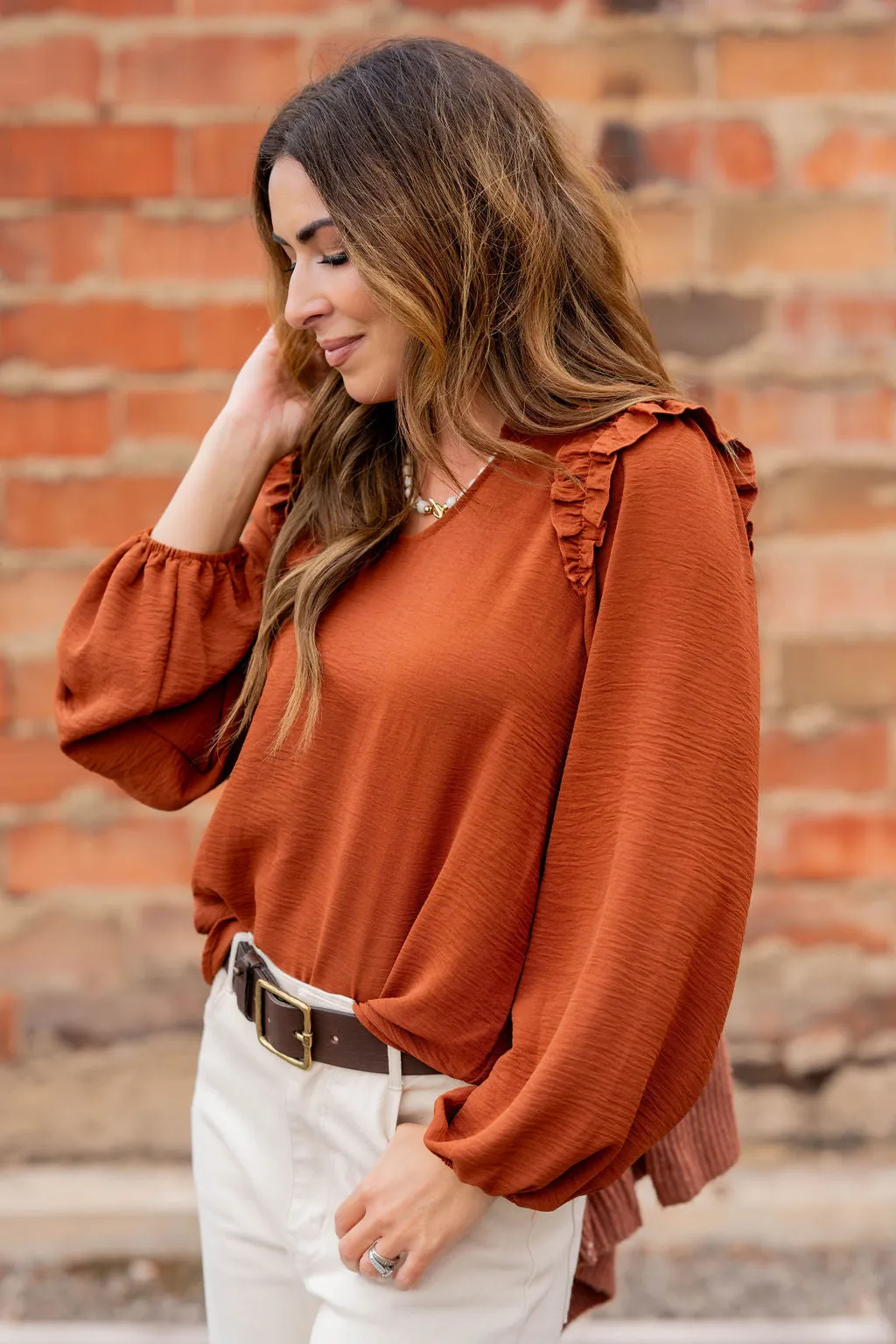 Ruched Ruffle Trim Blouse