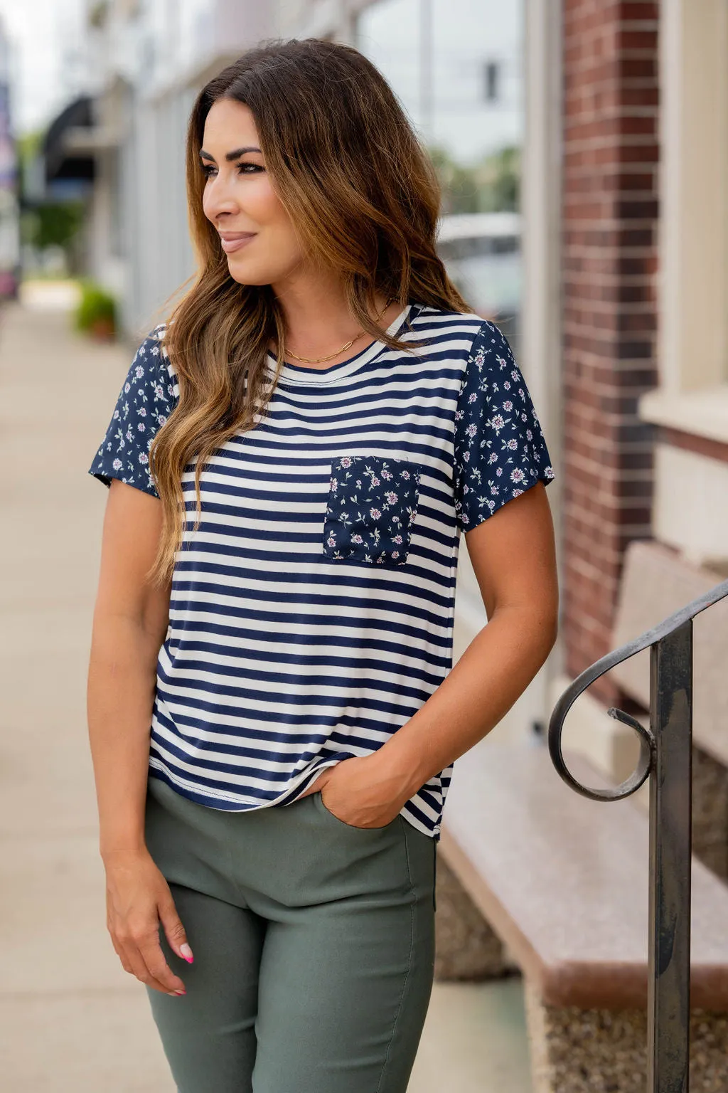Scattered Daisies Accented Striped Tee