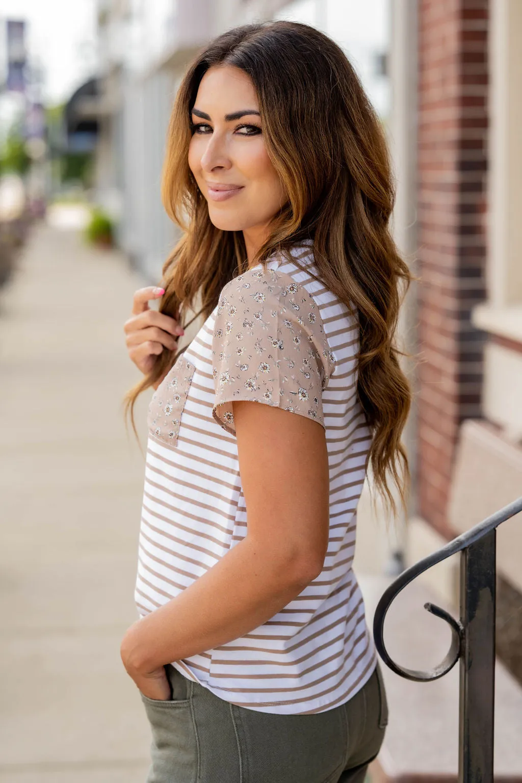Scattered Daisies Accented Striped Tee