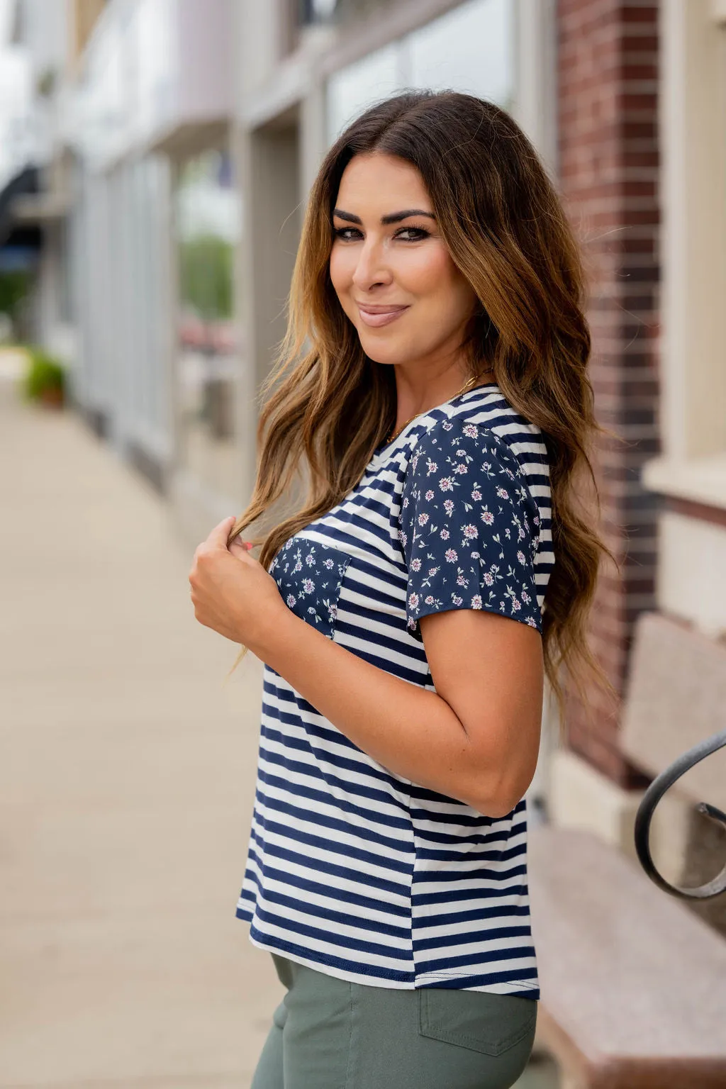 Scattered Daisies Accented Striped Tee