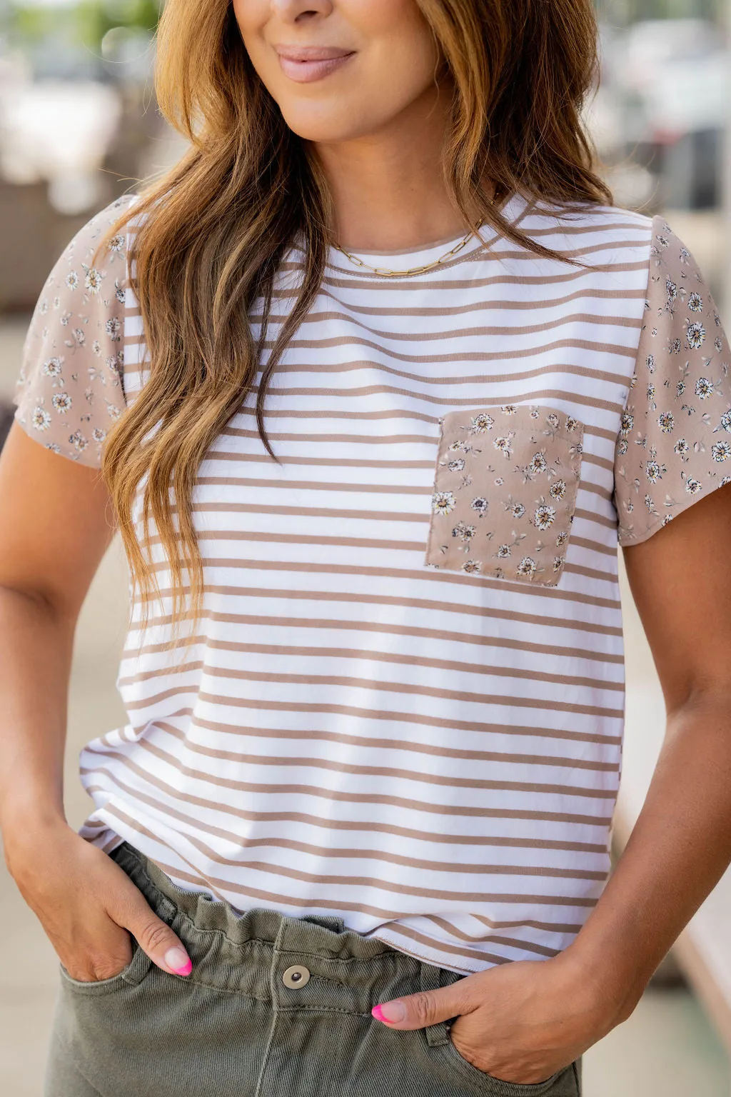 Scattered Daisies Accented Striped Tee