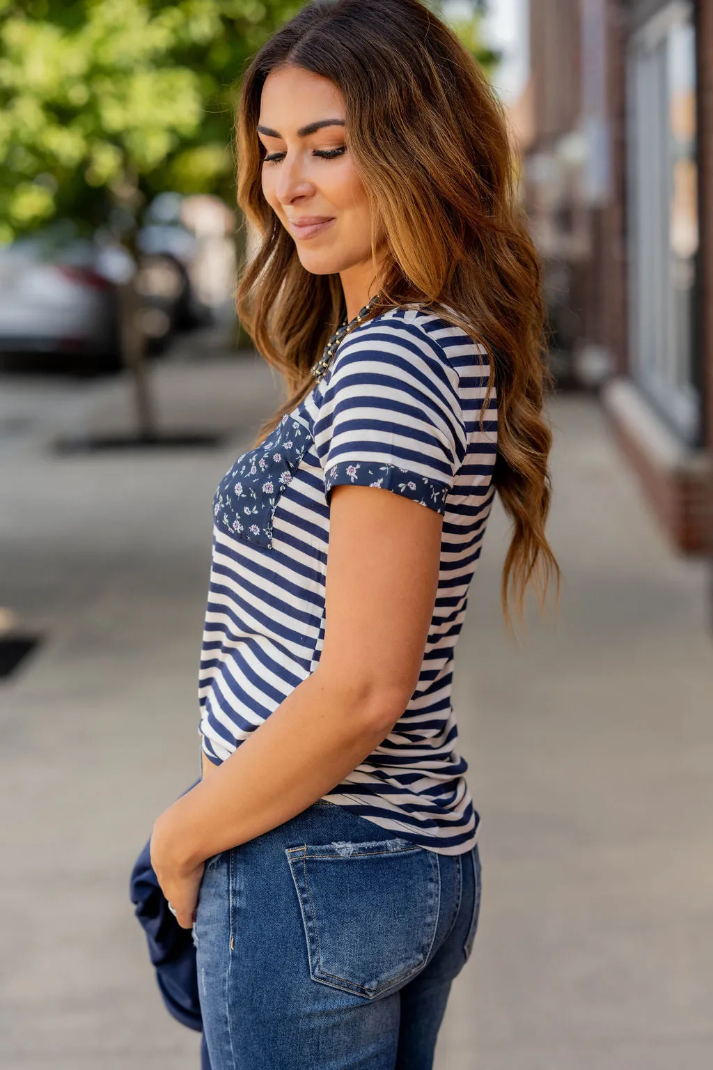 Scattered Daisies Trim Striped Tee