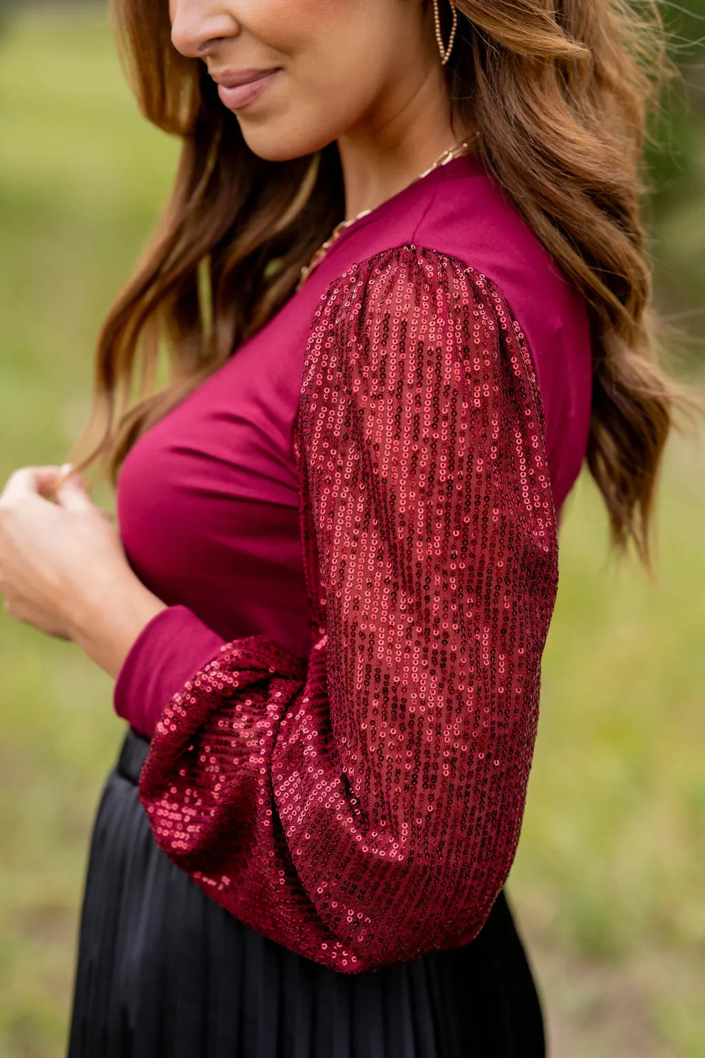 Sequin Sleeve Solid Body Blouse