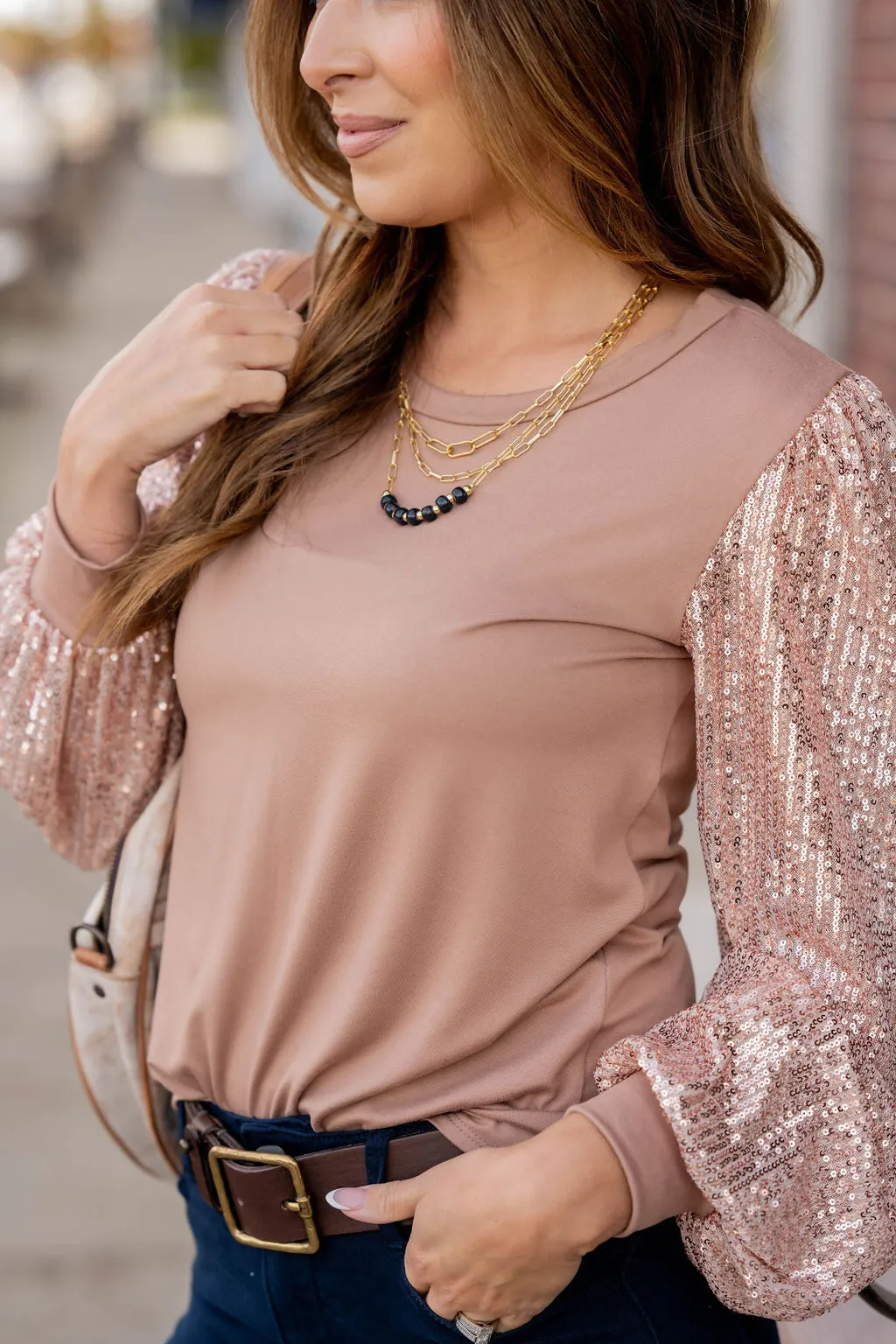 Sequin Sleeve Solid Body Blouse