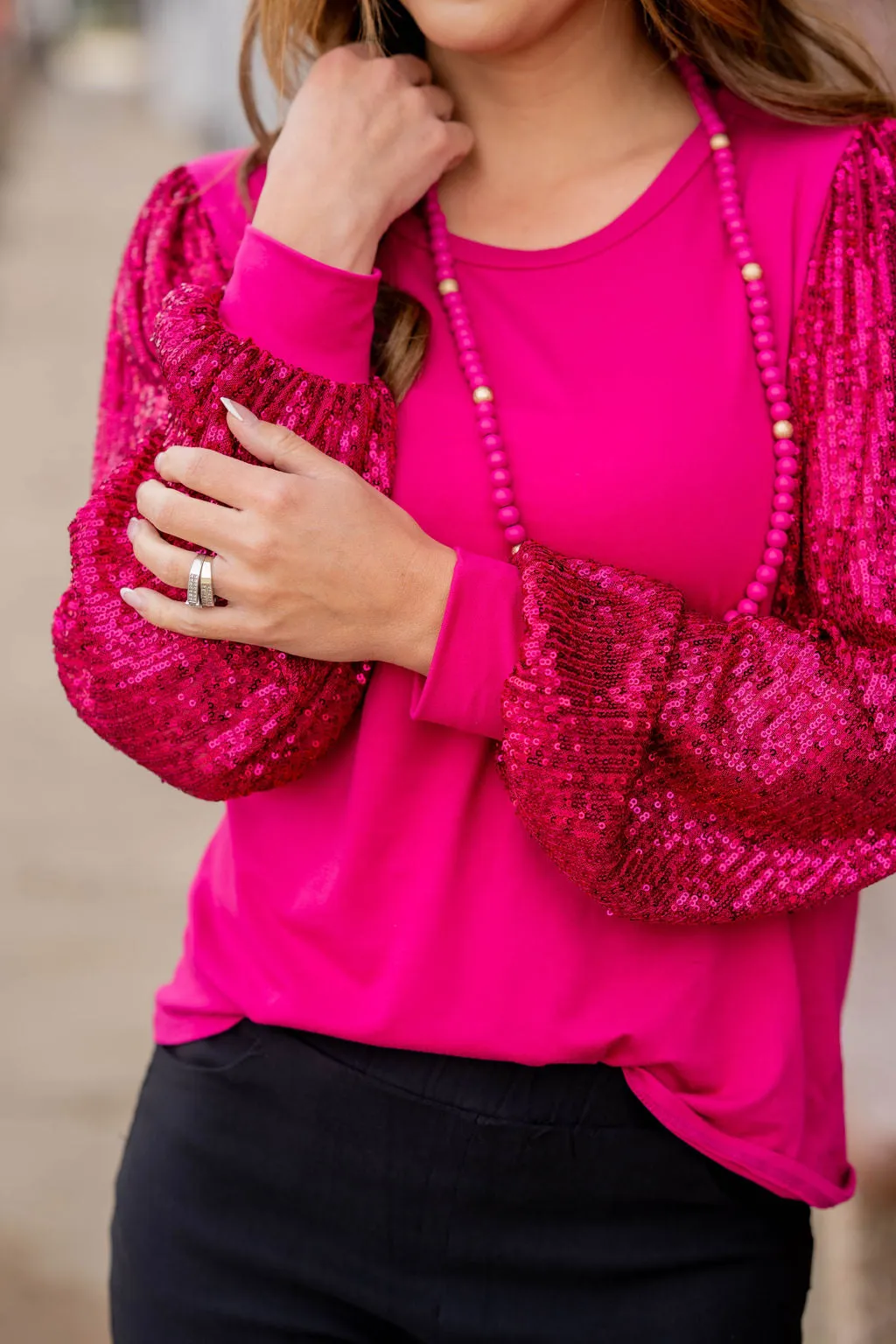 Sequin Sleeve Solid Body Blouse