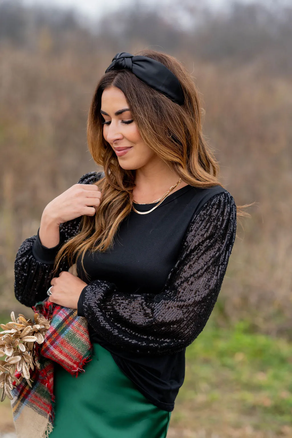 Sequin Sleeve Solid Body Blouse