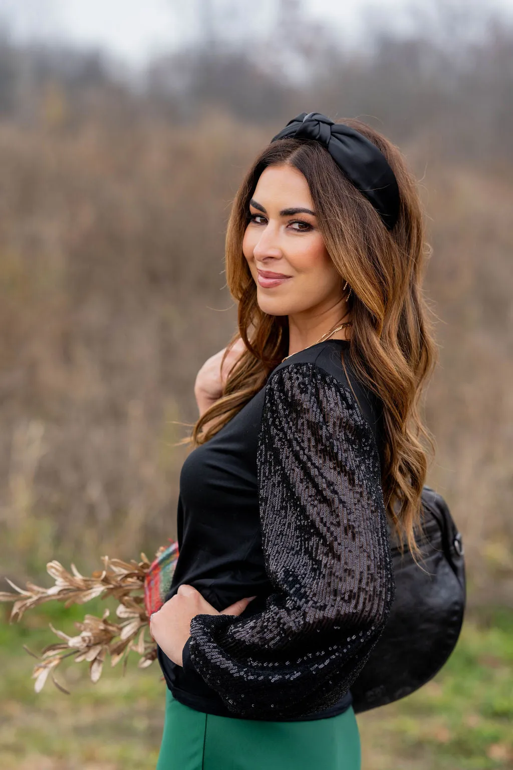 Sequin Sleeve Solid Body Blouse