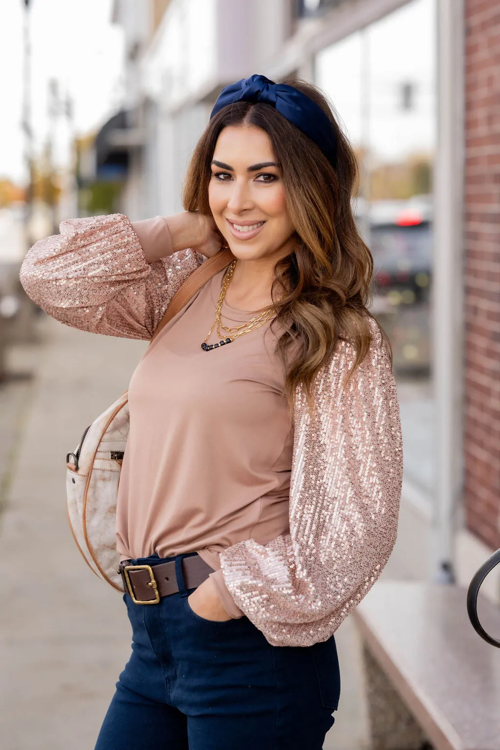 Sequin Sleeve Solid Body Blouse