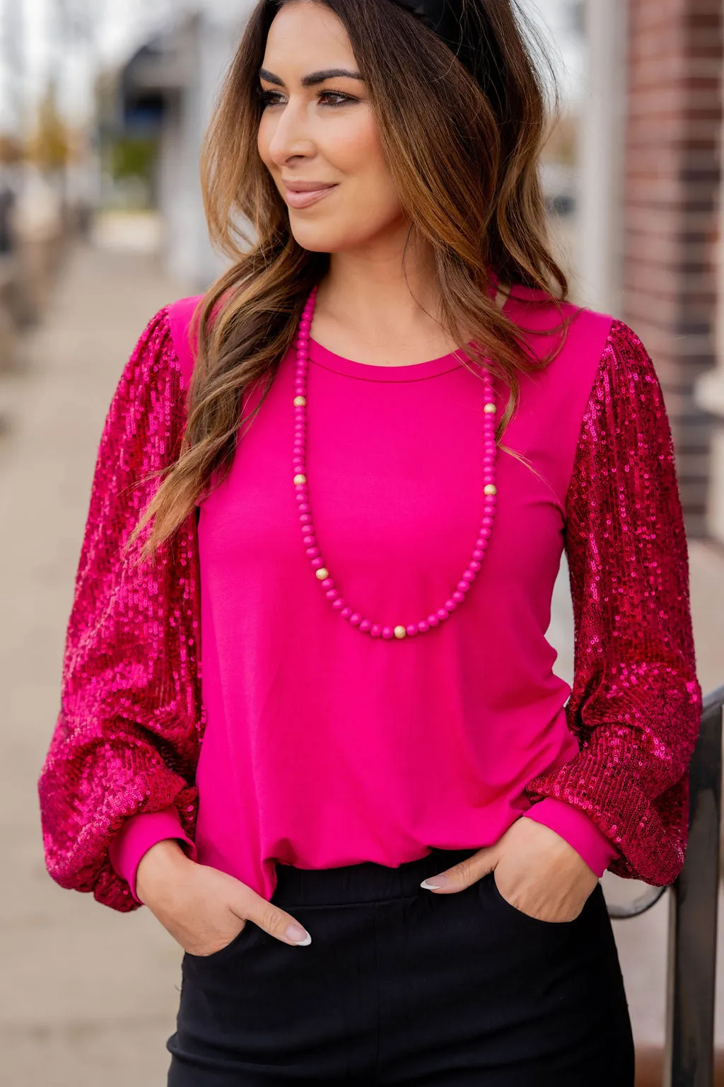 Sequin Sleeve Solid Body Blouse