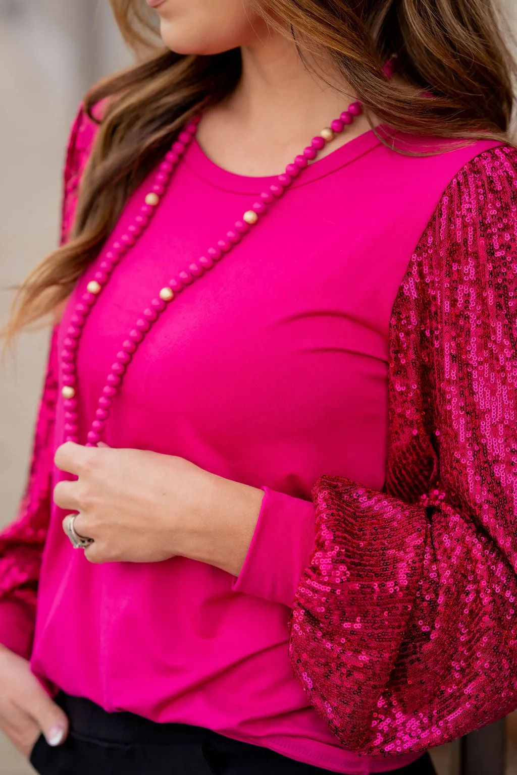 Sequin Sleeve Solid Body Blouse