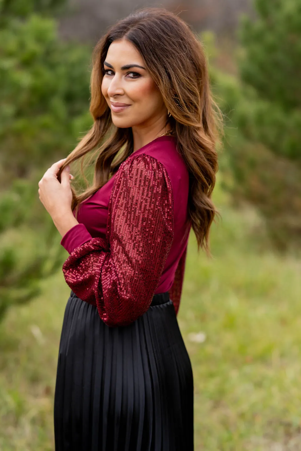 Sequin Sleeve Solid Body Blouse
