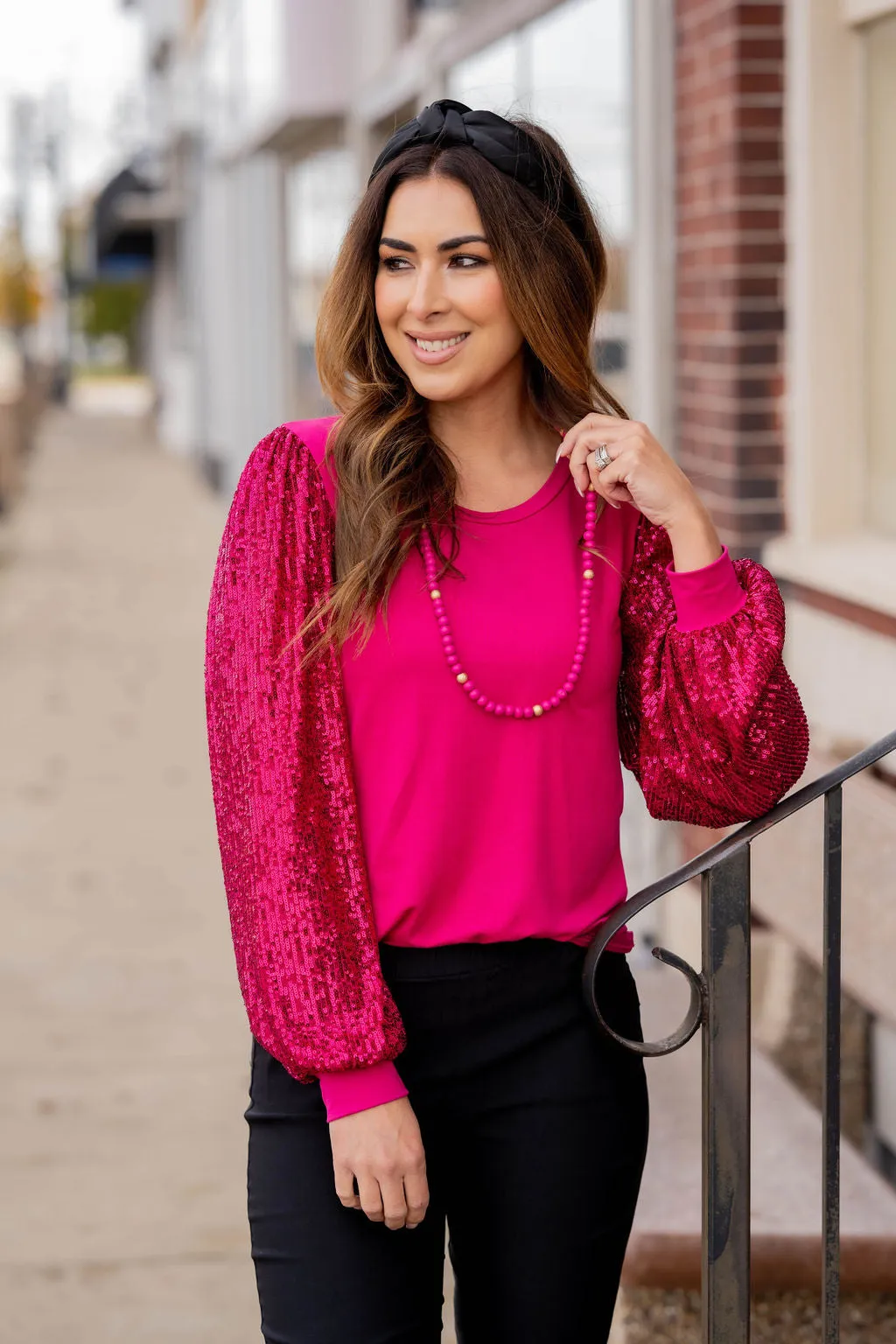 Sequin Sleeve Solid Body Blouse