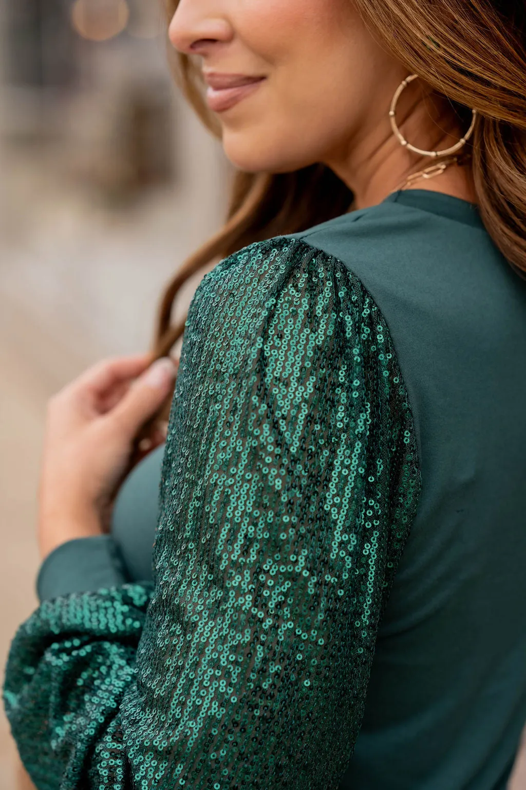 Sequin Sleeve Solid Body Blouse