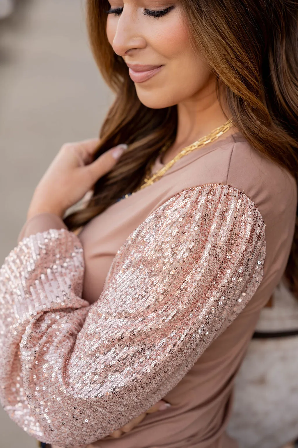 Sequin Sleeve Solid Body Blouse