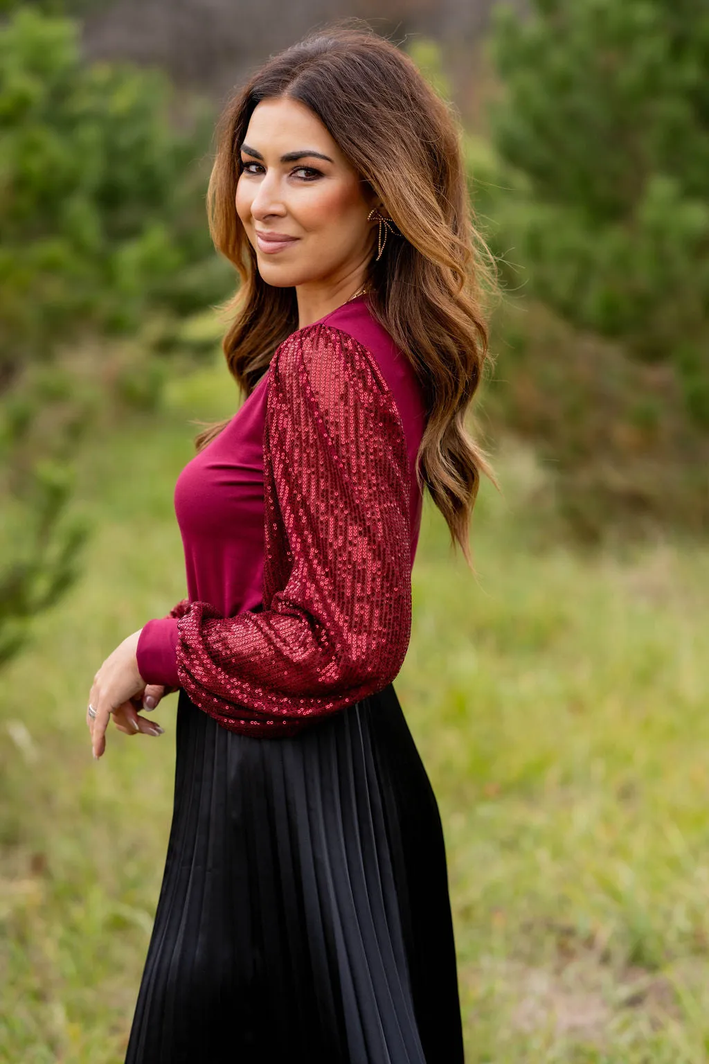 Sequin Sleeve Solid Body Blouse