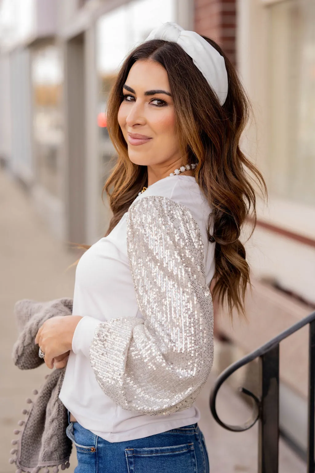 Sequin Sleeve Solid Body Blouse