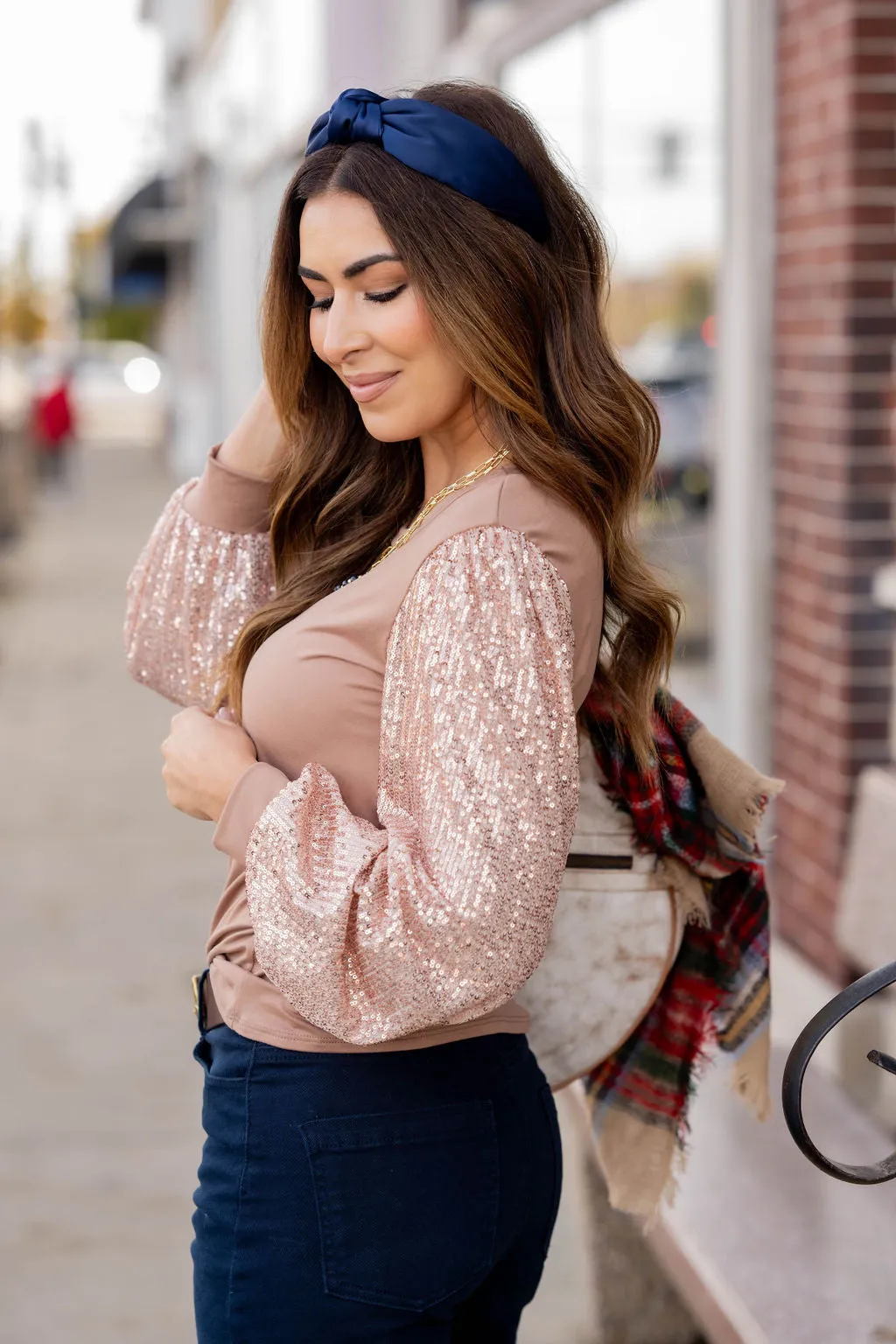 Sequin Sleeve Solid Body Blouse
