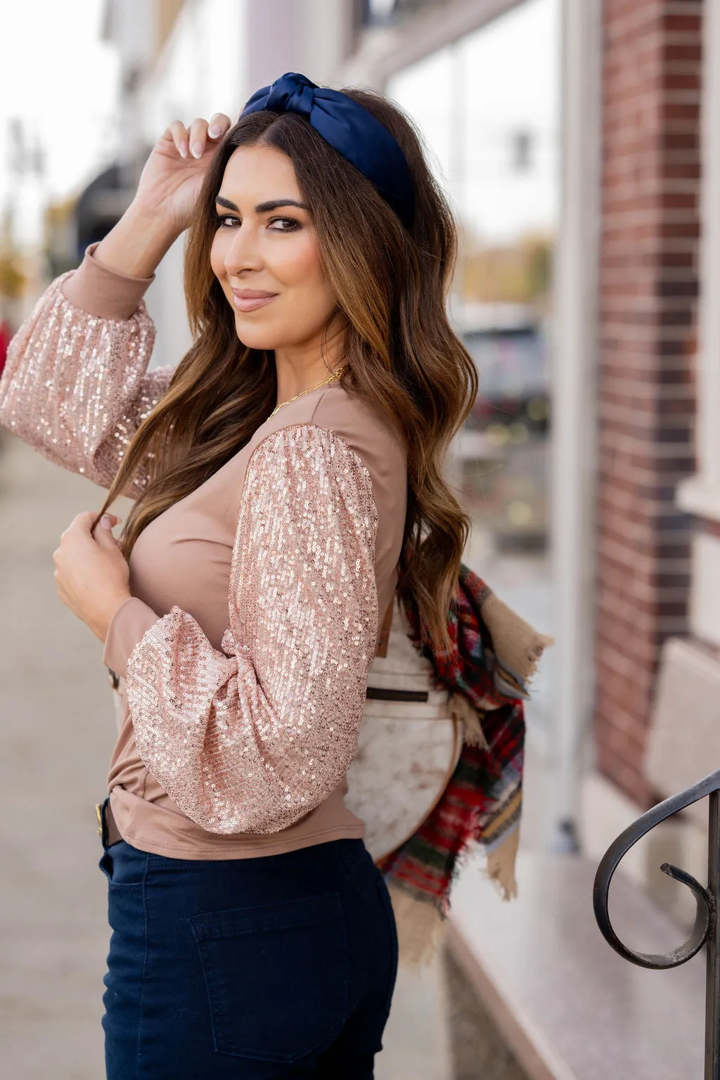 Sequin Sleeve Solid Body Blouse