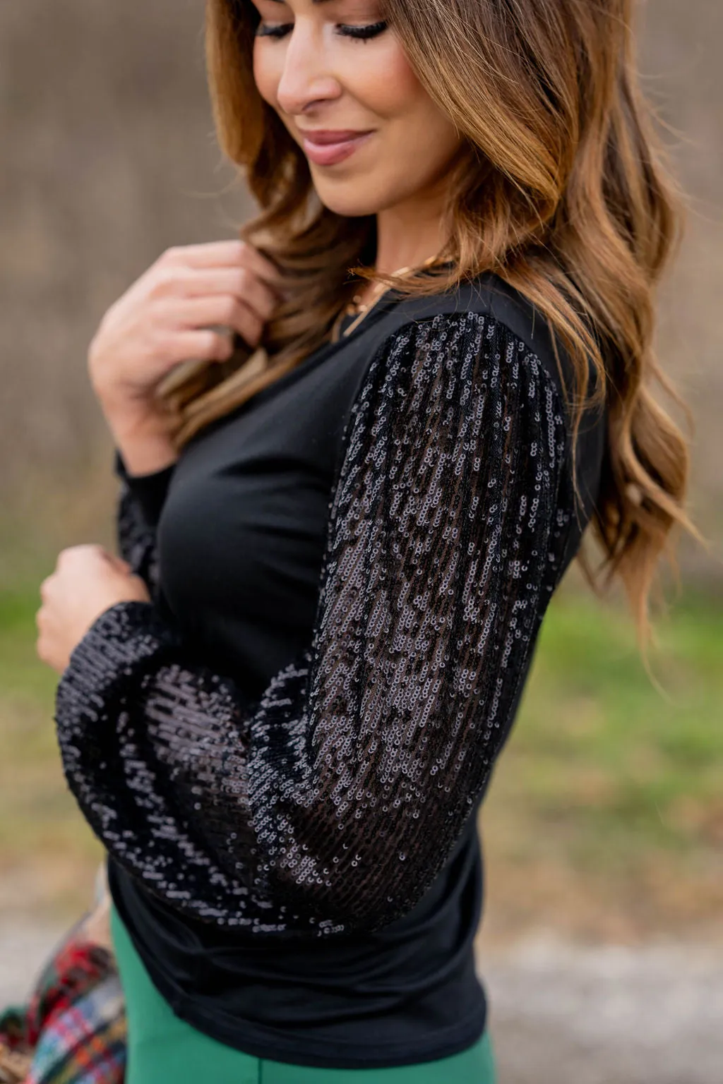 Sequin Sleeve Solid Body Blouse