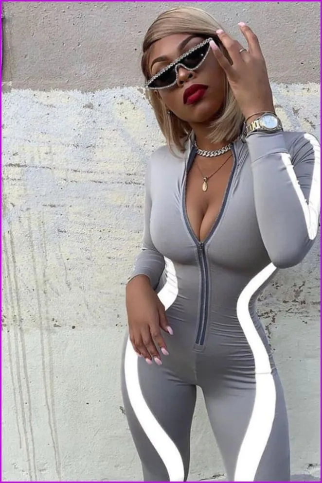 Side Striped Spliced Women Sport Wear Jumpsuit F374