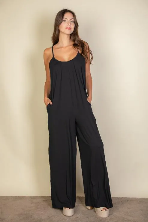 Spaghetti strap solid wide jumpsuit