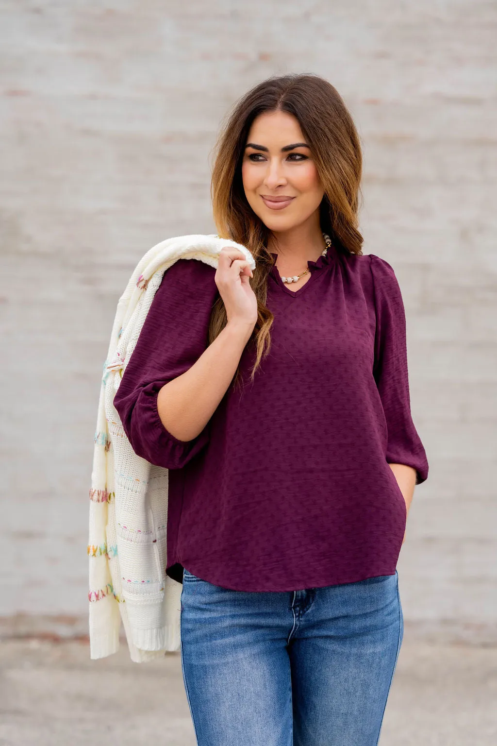 Stitched Dots 3/4 Sleeve V Blouse