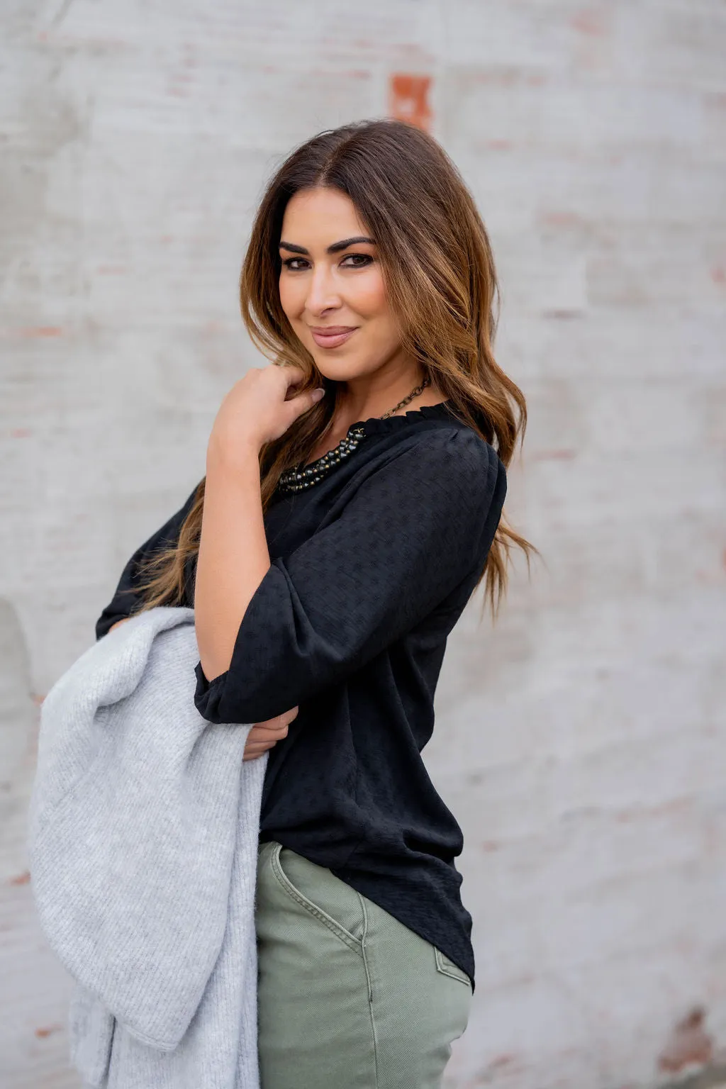 Stitched Dots 3/4 Sleeve V Blouse