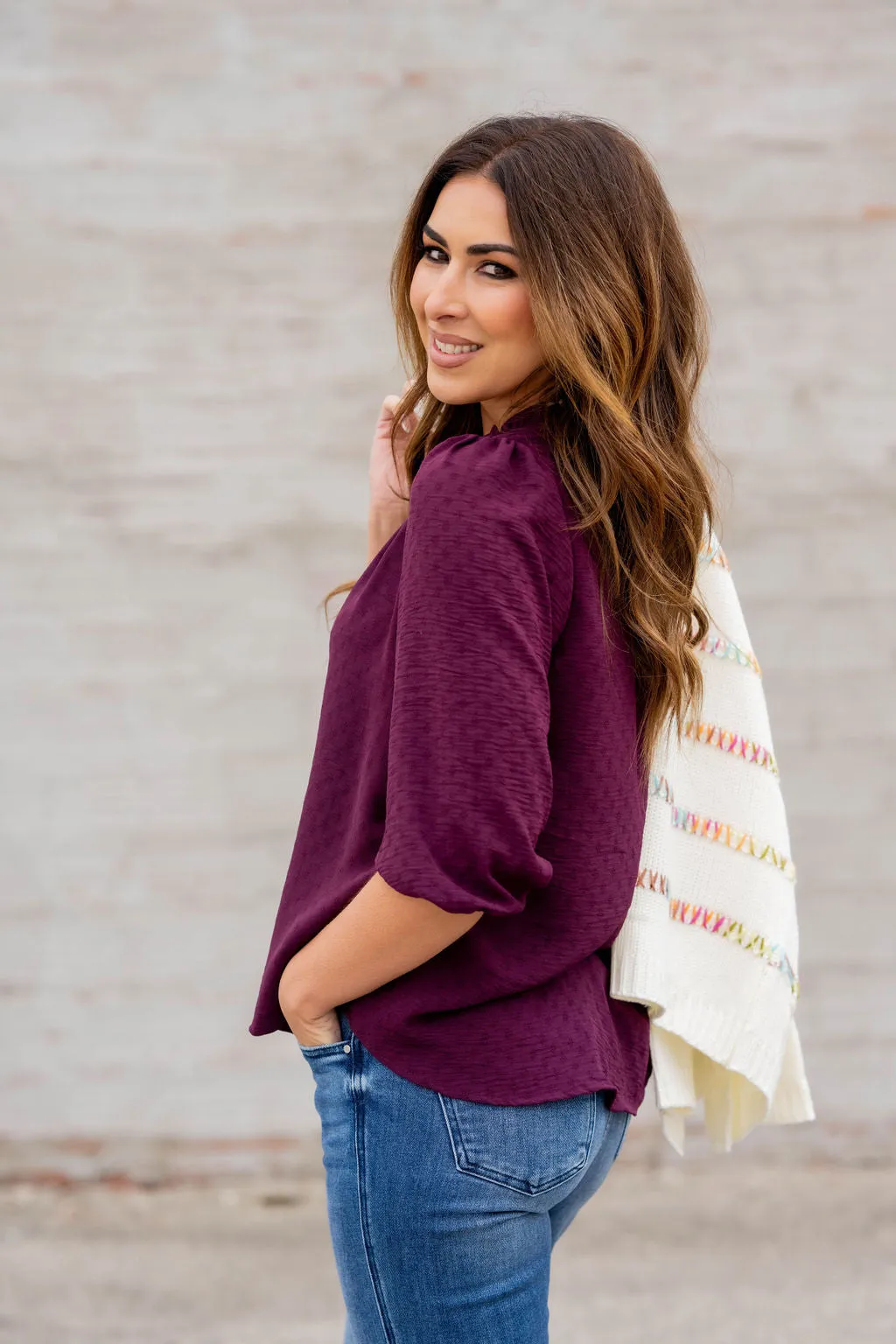 Stitched Dots 3/4 Sleeve V Blouse