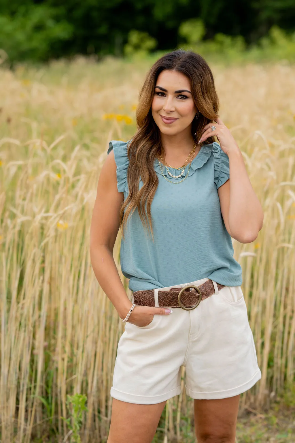 Stitched Dots Ruffle Trim Tank