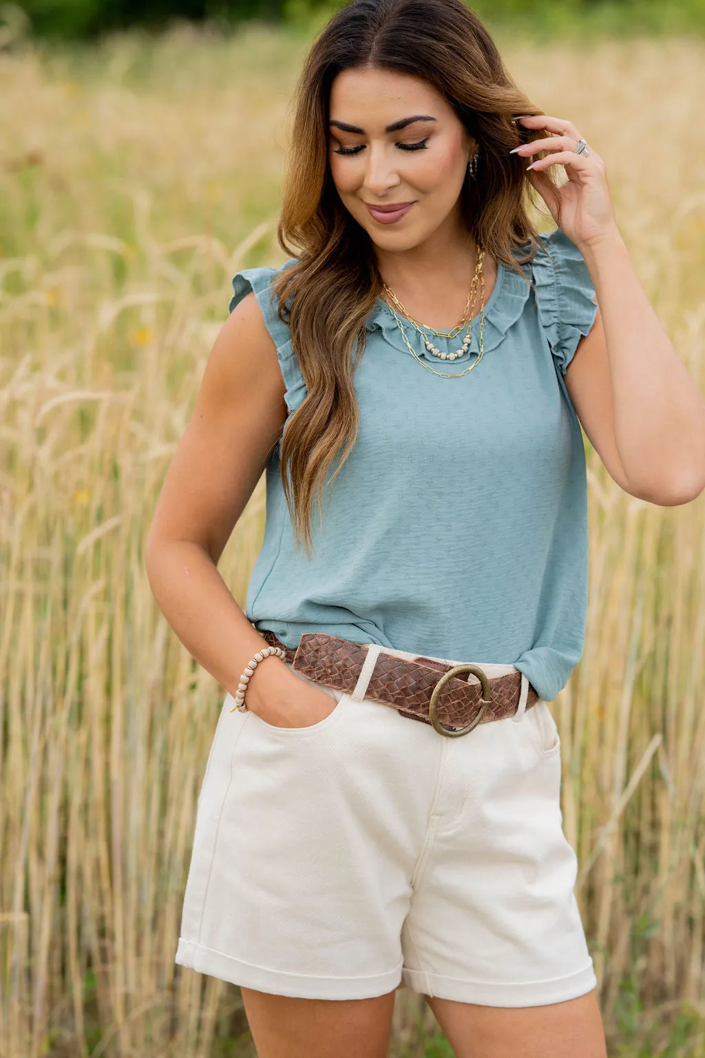 Stitched Dots Ruffle Trim Tank