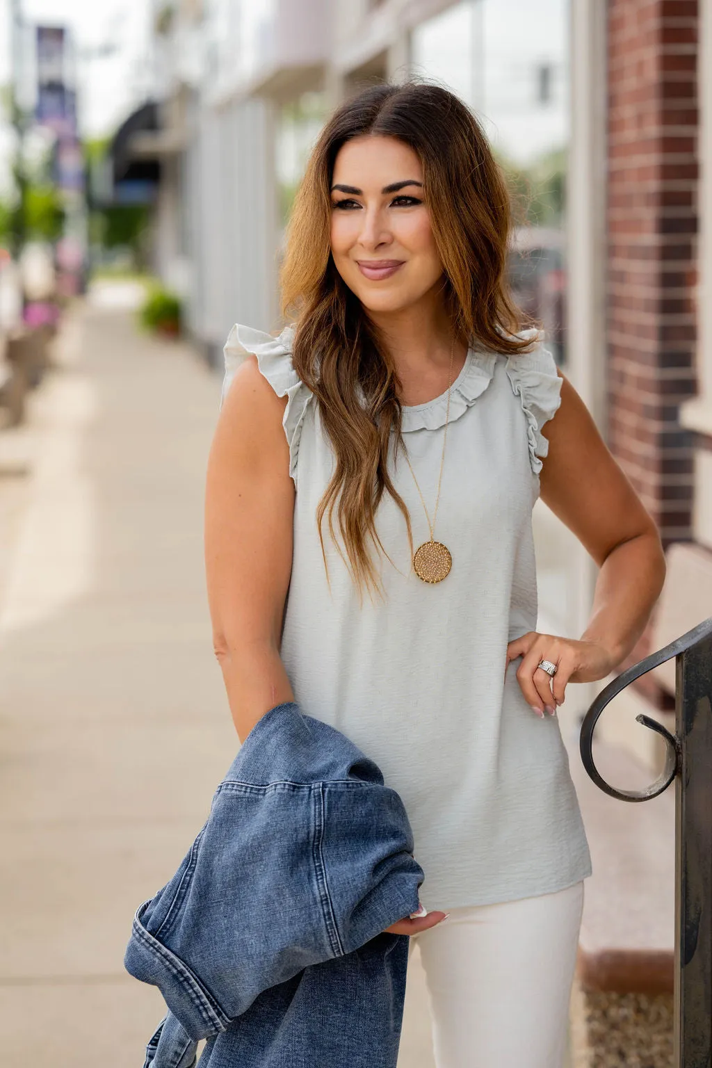 Stitched Dots Ruffle Trim Tank