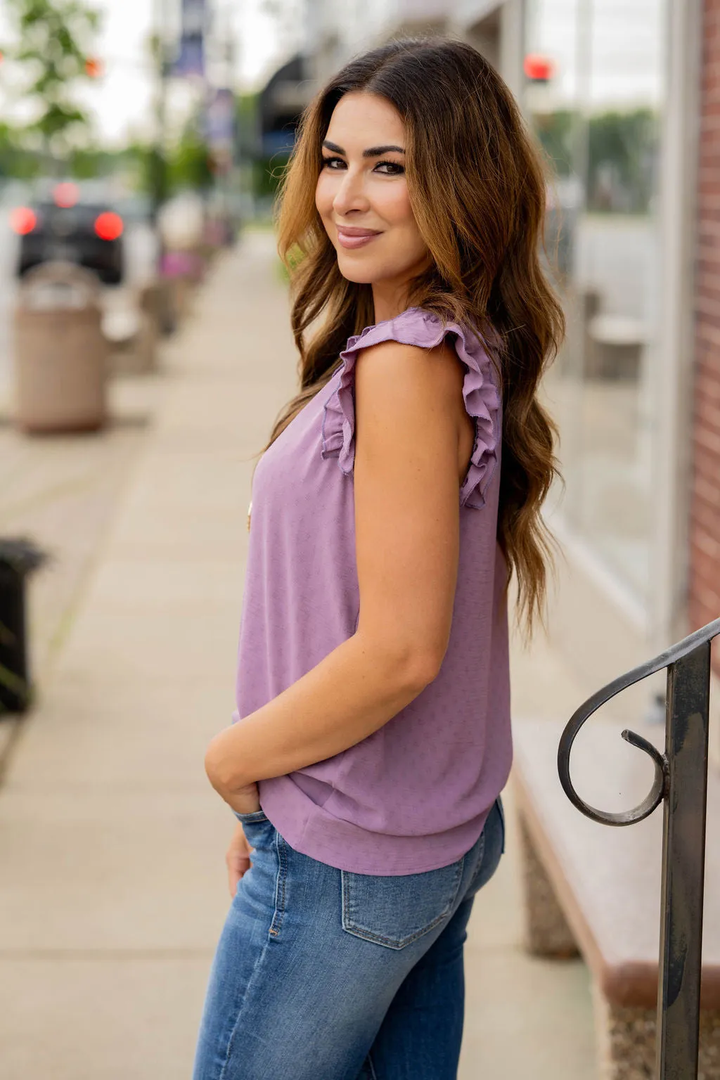 Stitched Dots Ruffle Trim Tank