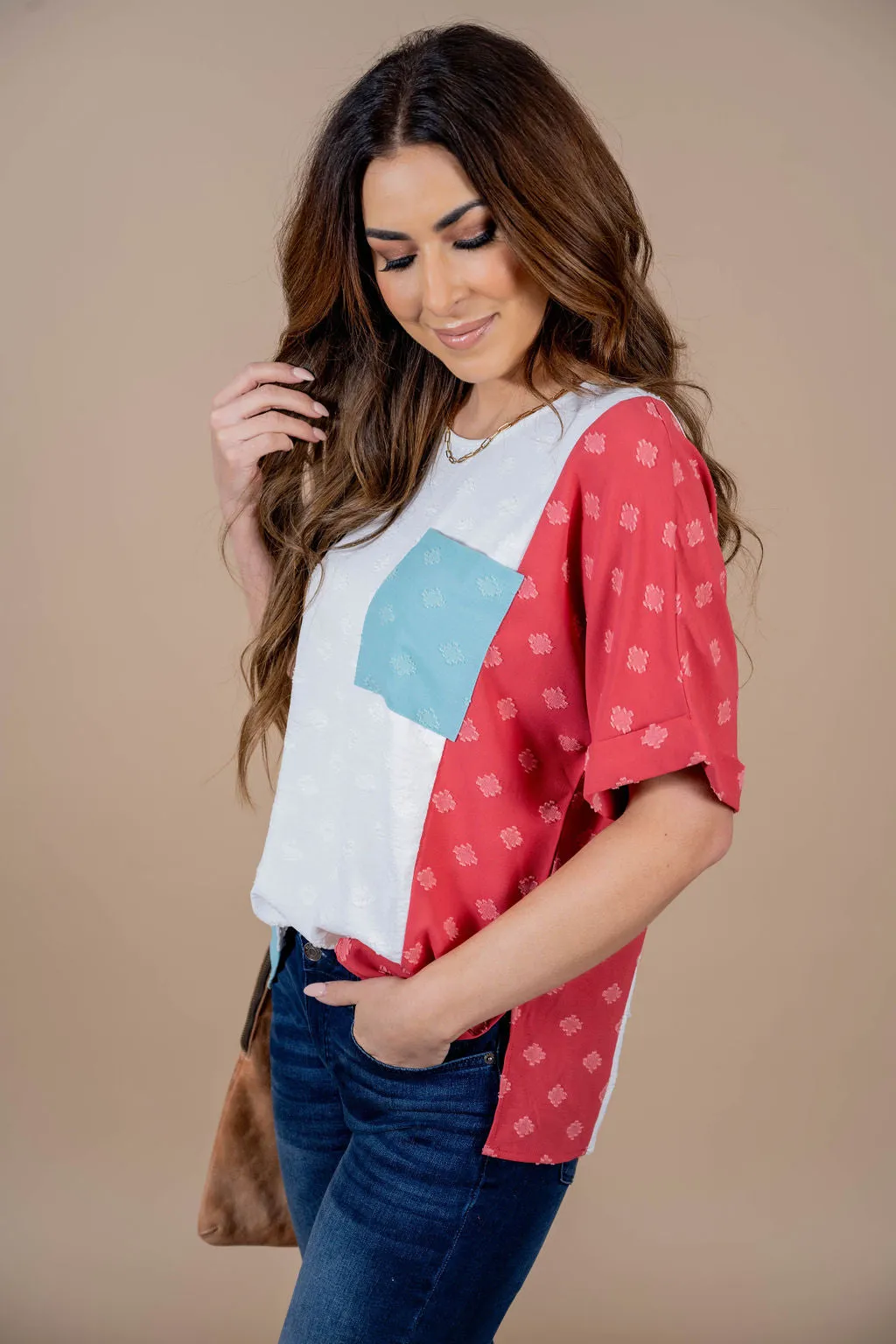 Stitched Squares Tri Colored Blouse
