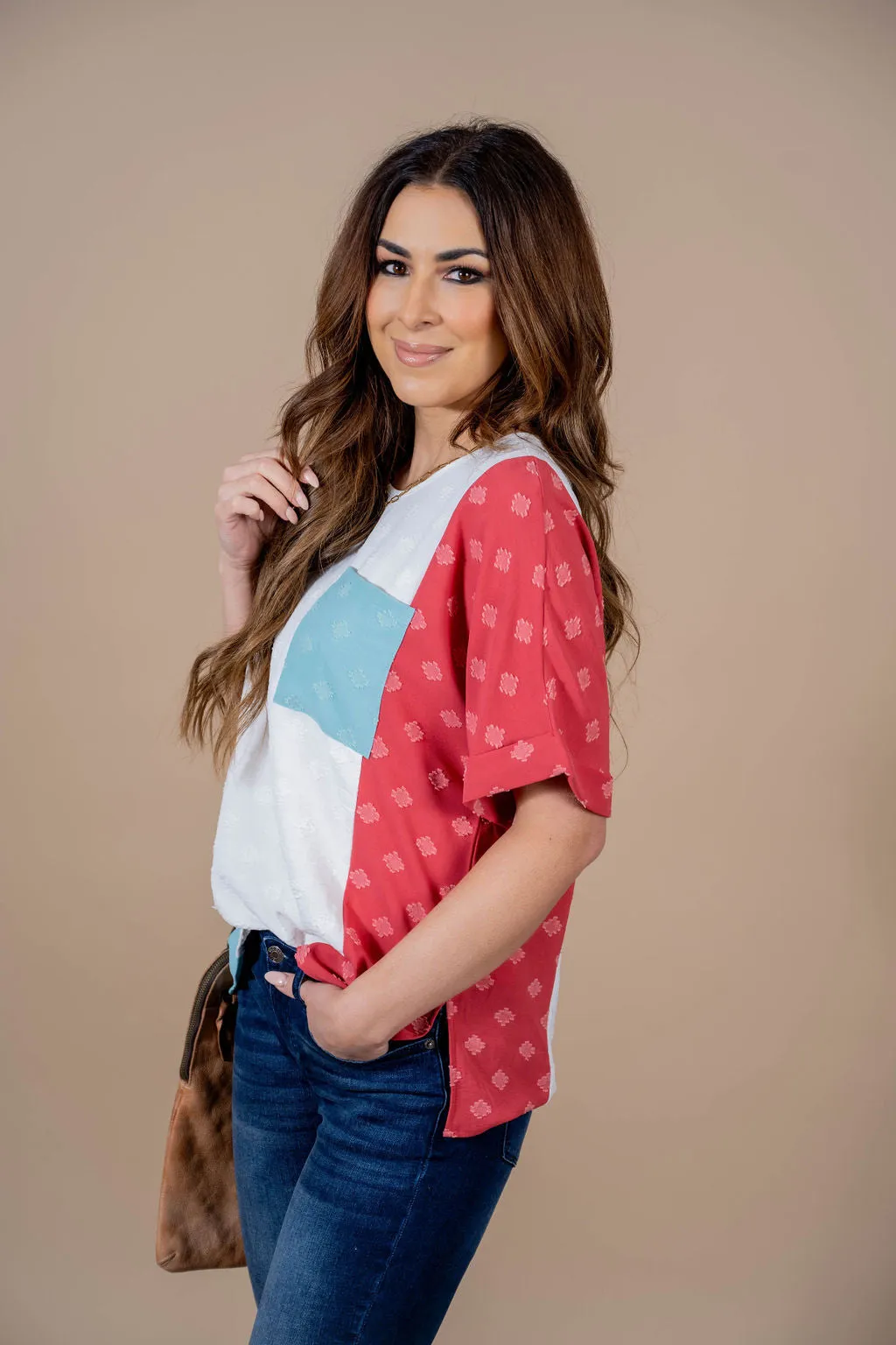 Stitched Squares Tri Colored Blouse