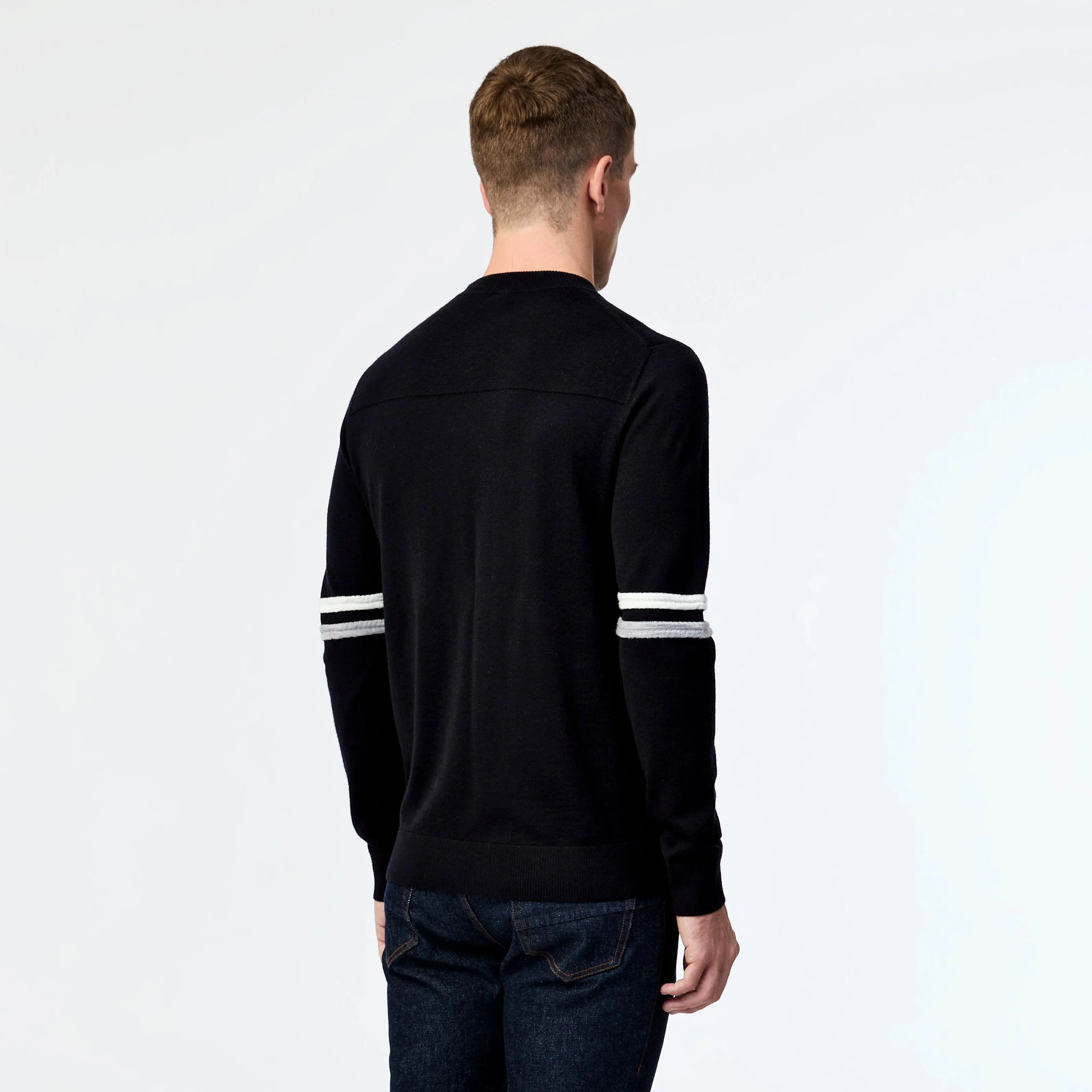 Striped Sleeve Merino Crew Sweater Navy Combo