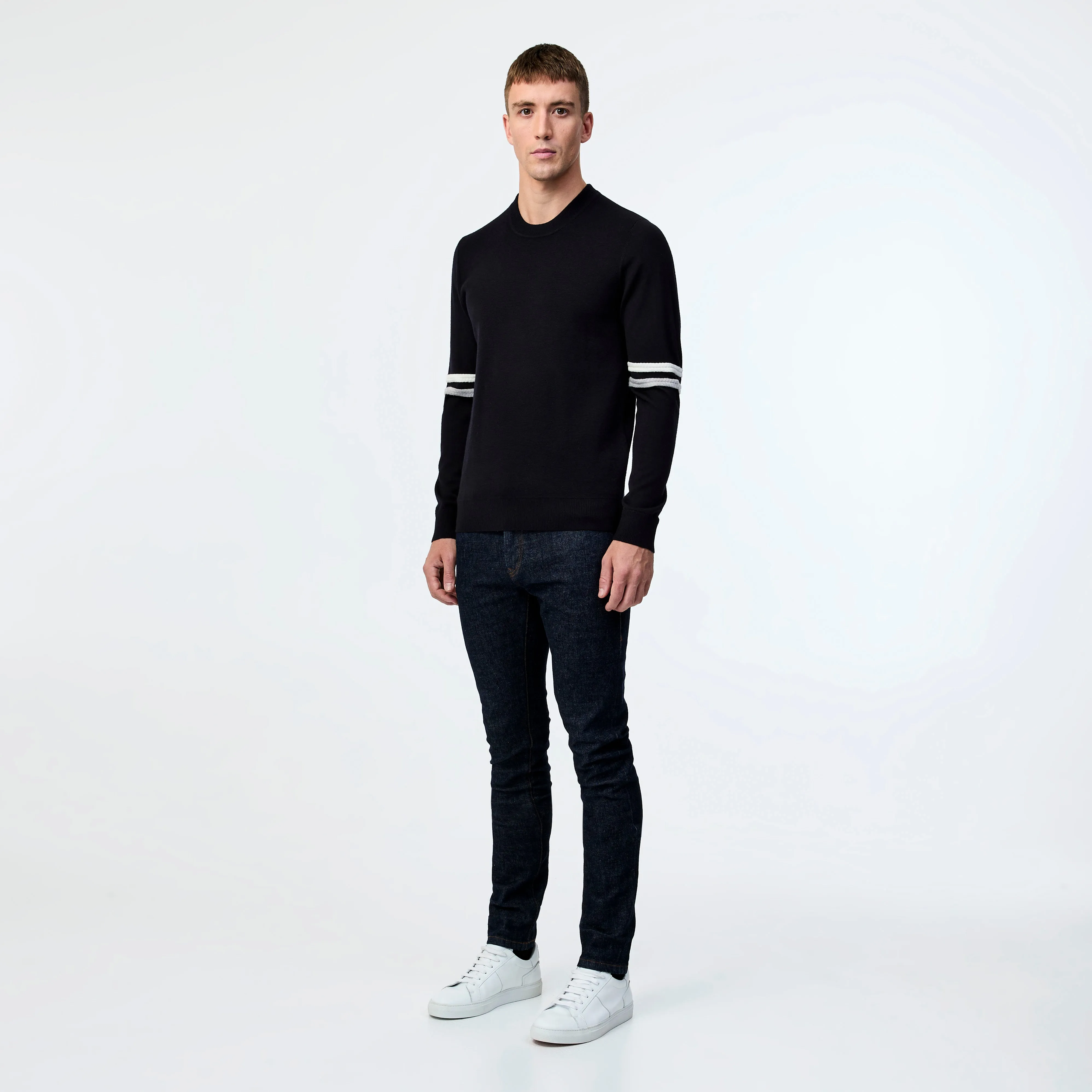 Striped Sleeve Merino Crew Sweater Navy Combo