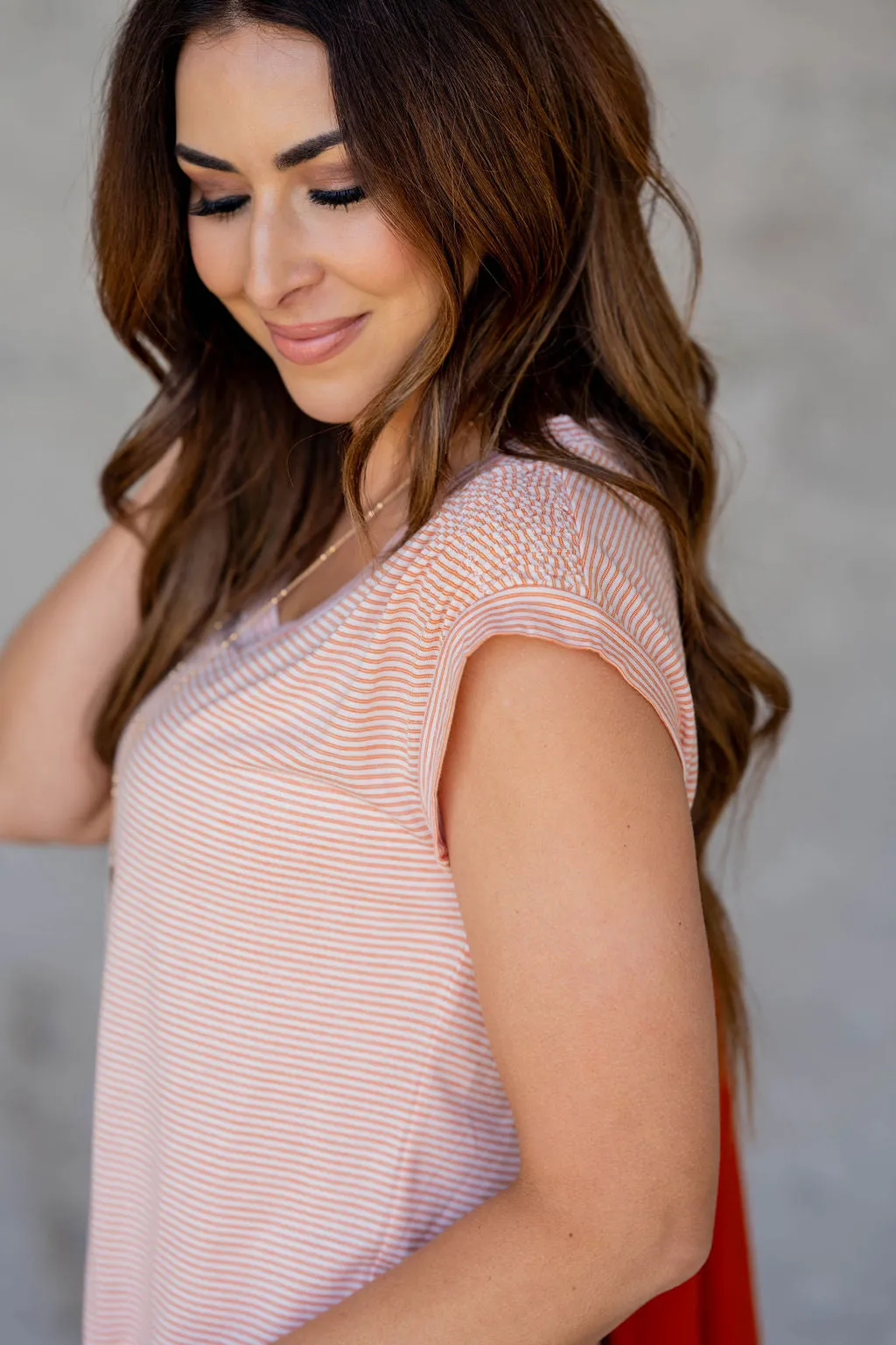 Striped Smocked Shoulder Tee